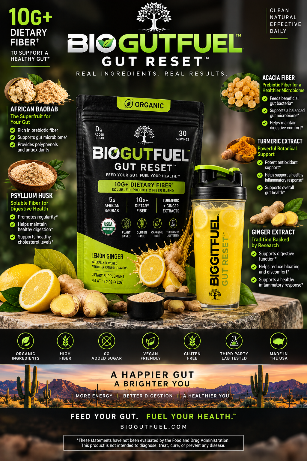 BIOGUTFUEL GUT RESET Lemon Ginger poster with pouch, shaker and key ingredients