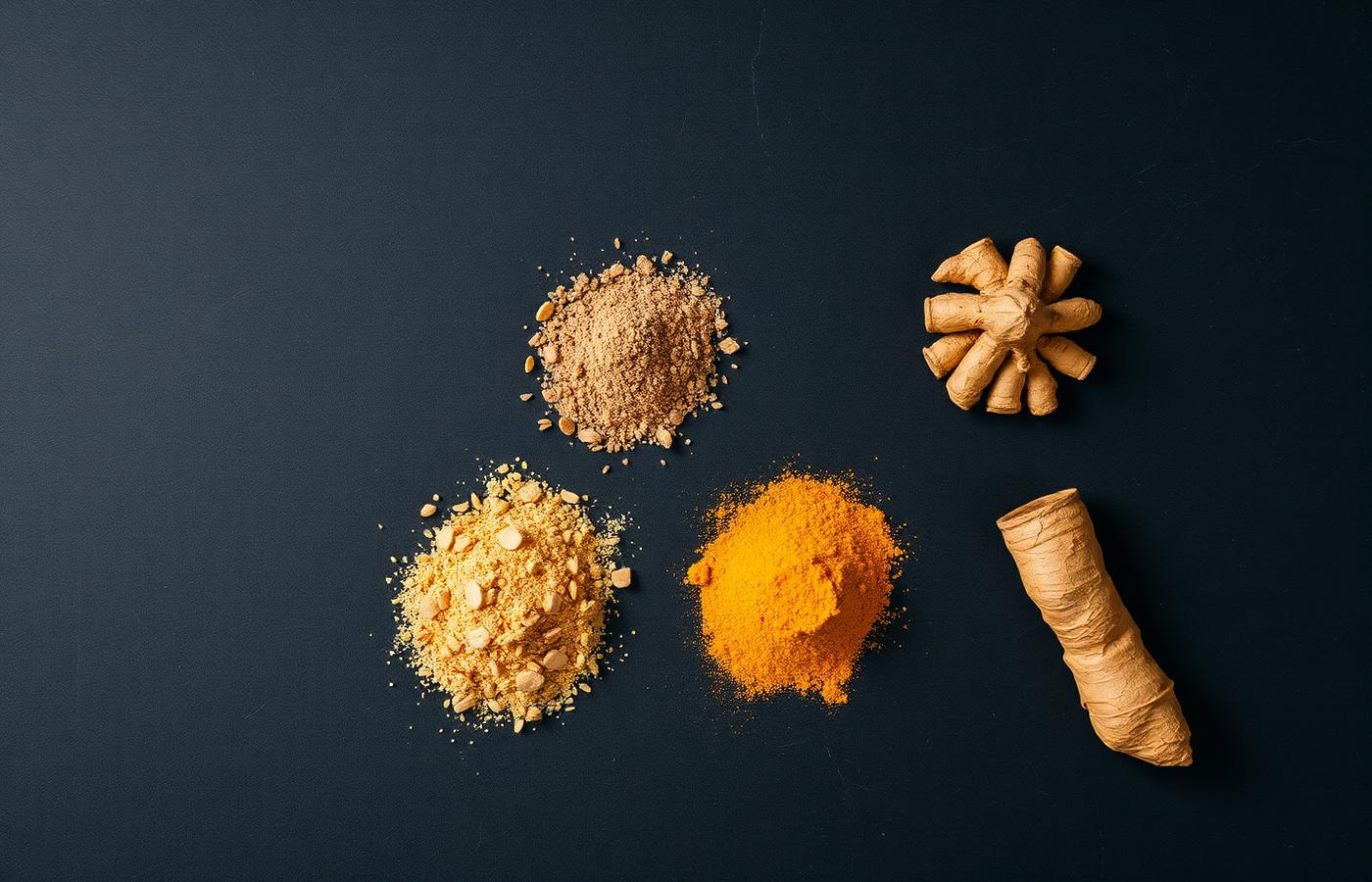 Baobab powder, psyllium husk, acacia fiber, turmeric and ginger on a dark surface